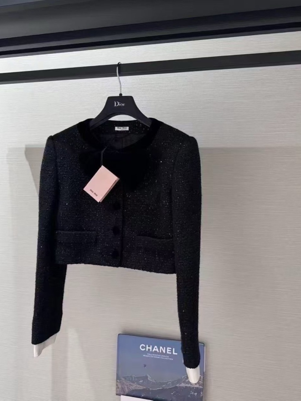 Authentic Miu Miu Black Cropped Sparkle Bouclé Jacket with Velvet Trim